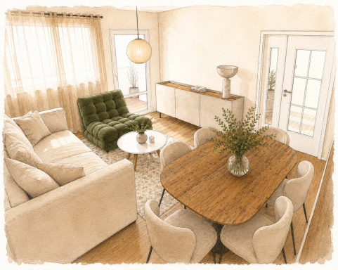 Salon lumineux avec canapé beige, fauteuil vert, table en bois et décoration moderne.