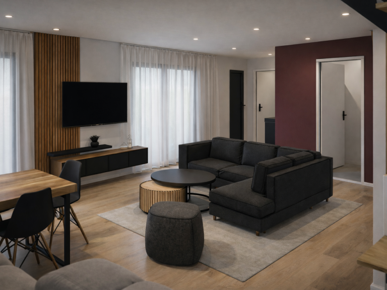 Intérieur moderne et épuré d'un salon avec canapé, table basse et coin repas.