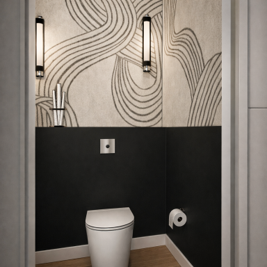 Toilette moderne avec un mur décoratif ondulé et un éclairage élégant.