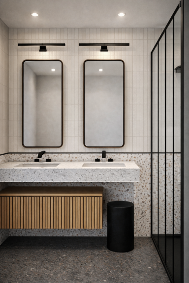 Salle de bains moderne avec deux miroirs, lavabo, meuble en bois et douche en verre.