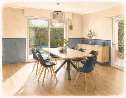 Salle à manger lumineuse avec une grande table en bois et des chaises modernes.