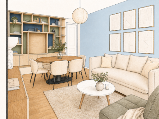 Salon moderne avec canapé beige, table à manger et murs bleu clair. Décoration minimaliste.